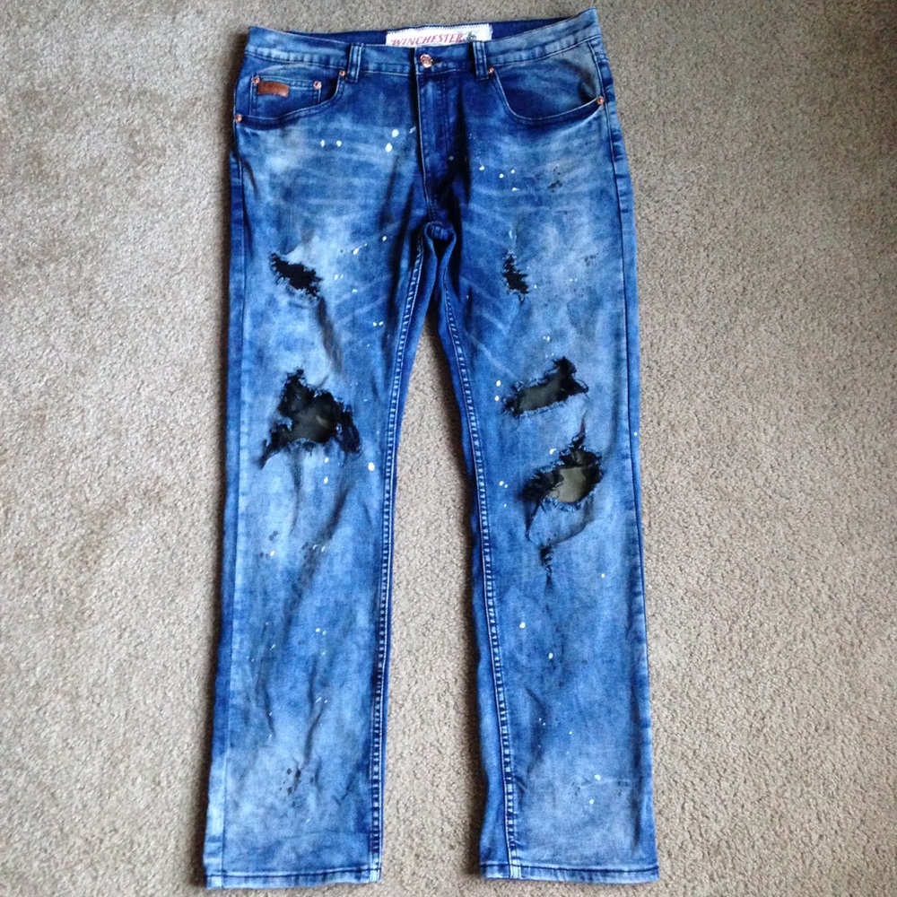 Winchester Mens Distressed With Camo Jeans Sz34/33